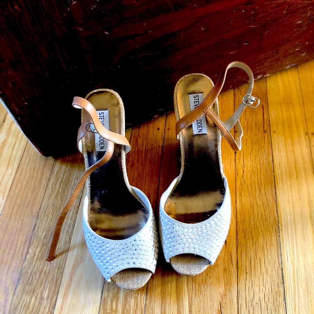 Steve Madden Suede Open Toe Cork Wedge “Glitery” Sandal Heel with Rhinestones
